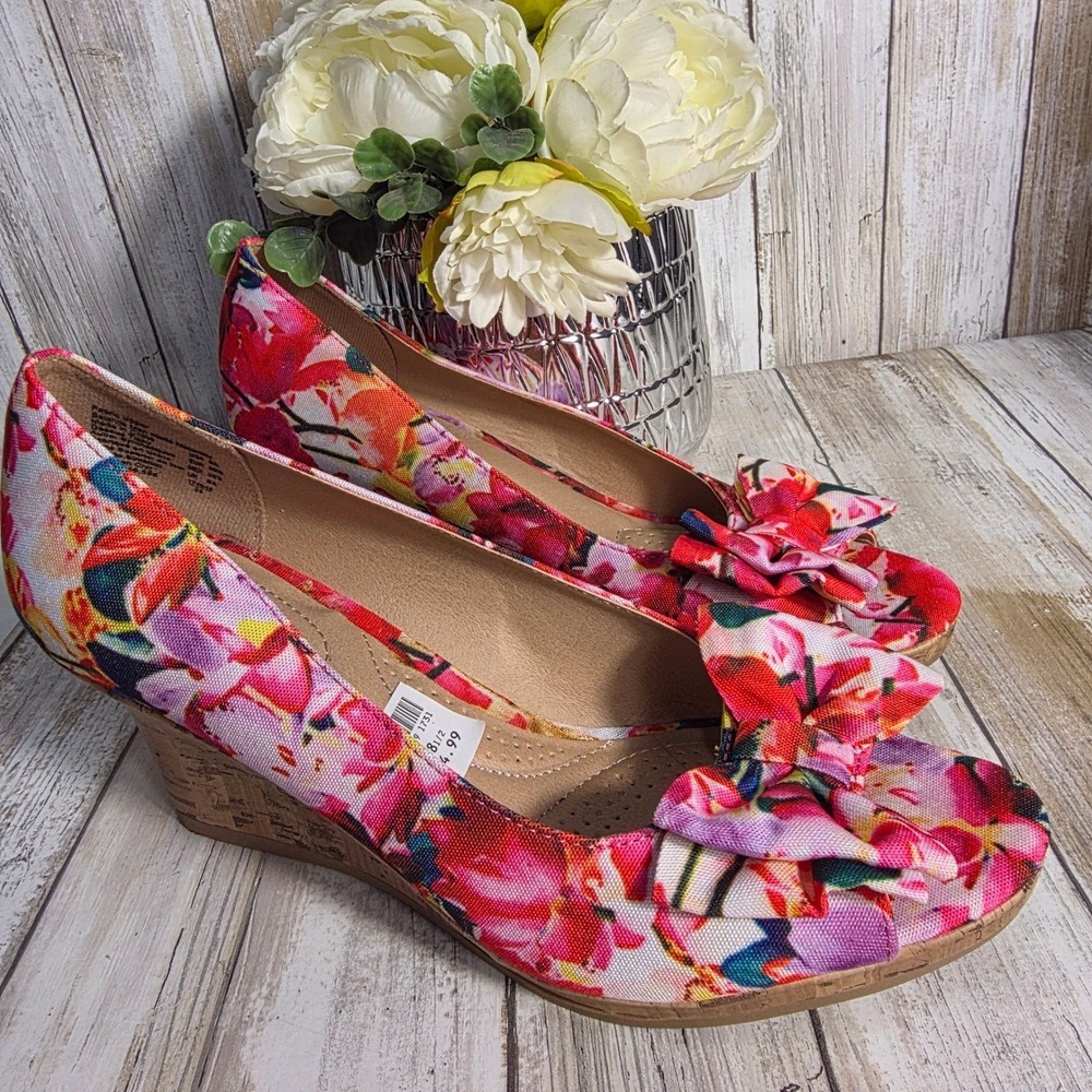 Dexflex Comfort Womens Floral Peep Toe Wedge Shoes Pink Multicolor Bow Size 8.5